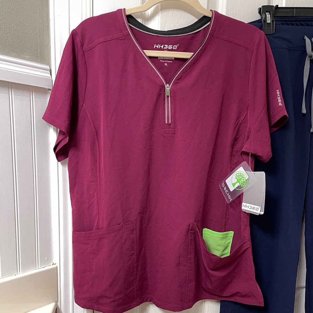NWT Healing Hands HH360 Magenta Scub Top with Lime Pocket